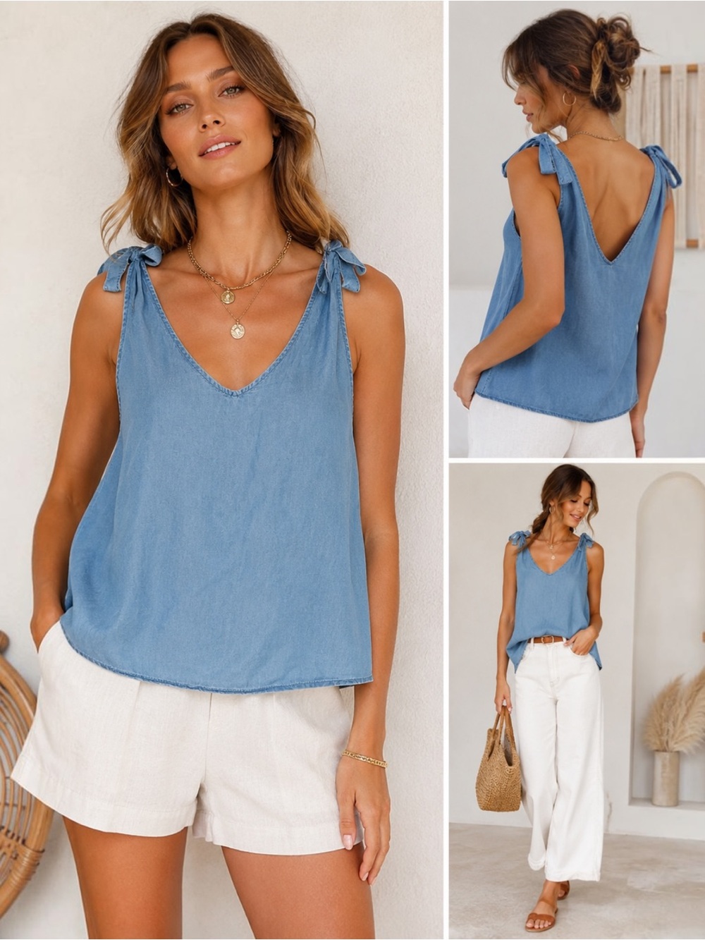 Jane and Delancey Chambray Lyocell Tie Shoulder Tank Top XL NWT